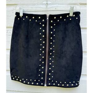 Mini Skirt Black Faux Suede Studded Zipper Front Stretch Short Festival Size 8